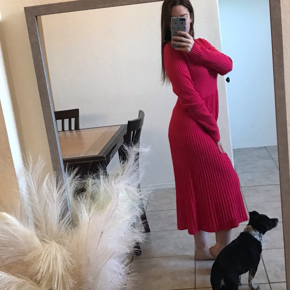 Marc O’Polo Bright Pink Ribbed Long Sleeve Tiered Maxi Dress - Picture 2 of 2